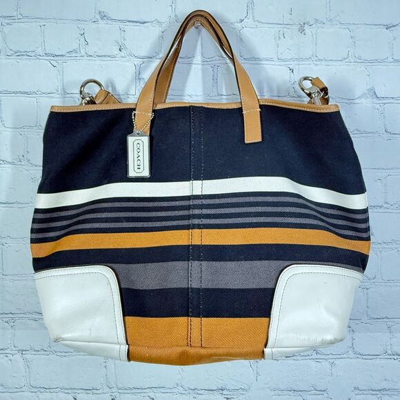 Coach Stripe Canvas Leather Trim Tote Bag Satchel Shoulder Bag Large Academia - Picture 3 of 16